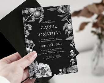 Dark Botanical Wedding Invitation Template Romantic Goth Wedding Editable Printable Invitation Classic Elegant Wedding Digital Download