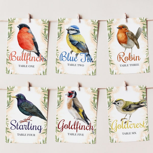 Birds Wedding Table Cards Template Bird Illustrations Nature Wedding Table Numbers Outdoor Wedding Printable Table Cards Easy to Edit