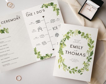 Greenery Wedding Program Template, Wreath Wedding Program, Folded Wedding Program Printable, Editable Order of Service, Digital Download