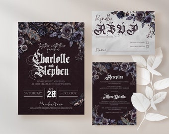 Plantilla de invitación de boda de Halloween, elegante conjunto de invitaciones de boda góticas, plantilla editable, invitación de boda romántica de vampiro, polilla de la muerte espeluznante