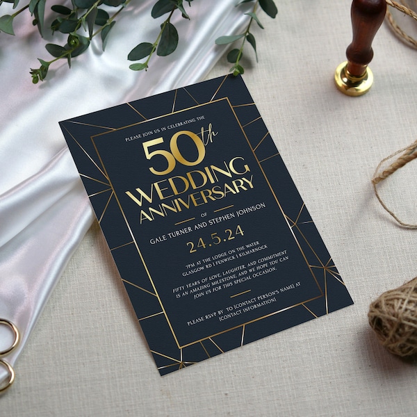 Golden Wedding Anniversary Invitation Template 50th Wedding Invite Anniversary Navy Gold Wedding Elegant Anniversary Invite Digital Download