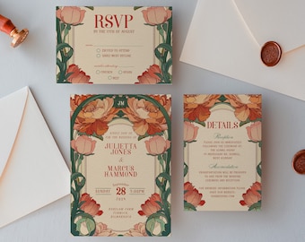 Puede incluir: Un conjunto de invitaciones de boda con un diseño floral Art Nouveau. La invitación presenta un patrón floral de melocotón y naranja con hojas verdes y un marco dorado. El texto dice "Solicita el honor de tu presencia para la boda de Julietta Jones y Marcus Hammond, domingo 28 de septiembre de 2014, 17:00, Alianza Francesa de París."