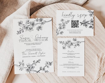 Wedding Invitation Template Set QR Code RSVP Cherry Blossom Wedding Invite Printable Minimal Wedding Template Easy to Edit Digital Download