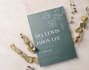 TEAL Wedding Invitation Template Minimal Floral Wedding Invite Download Simple Wedding Editable Invitation DIY Botanical Digital Download