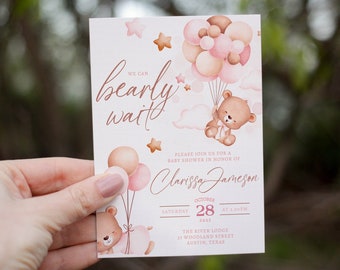 We Can Bearly Wait Baby Shower Invitation, Bearly Wait Baby Shower, Pink Teddy Bear Invitation, Teddy Bear Baby Shower, Instant Download