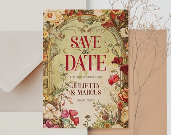 Wildflower Mucha Wedding Invitation Template, Vintage Floral Save the Date Template, Edytowalne zaproszenie ślubne, Pobieranie cyfrowe