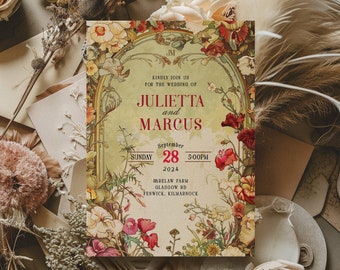 May include: A wedding invitation with a floral design. The invitation is for the wedding of Julietta and Marcus on Sunday, September 28, 2024 at 5:00 PM at Harelaw Farm, Glasgow Rd, Fenwick, Kilmarnock.