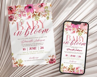 Baby In Bloom Invitation Template Baby In Bloom Baby Shower Invitation and Evite Digital Invitation Editable Printable Template Download
