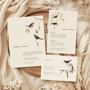 Ensemble de faire-part de mariage oiseaux vintage, invitation de mariage Nature, modèle de mariage vintage, mariage d'observateur d'oiseaux, téléchargement numérique