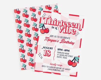 Trendy Birthday Invitation Template, Cute Cherry Invitation, Teenager Birthday Editable Template, Quirky Retro Invite, Digital Download