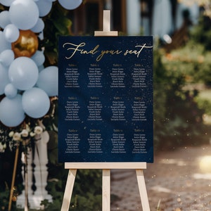 Modelo de plano de assentos para casamento mágico, sinal editável para casamento no céu noturno, gráfico de assentos para casamento celestial, casamento em ouro marinho, download digital