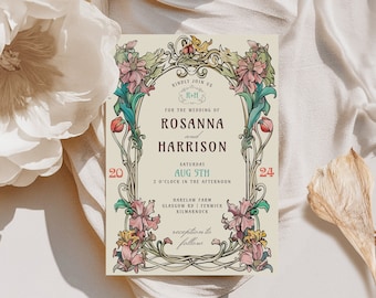 Vintage bröllopsinbjudningsset OSA-detaljer, mall för bröllopsinbjudan i jugendstil, blommig, retroinbjudan i art déco-tema, digital nedladdning