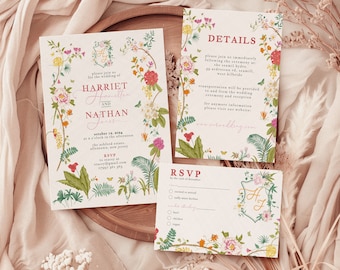 Wildflower Wedding Invitation Set with RSVP and Details, Editable Floral Monogram Invite, Boho Garden Spring Summer Template, Printable