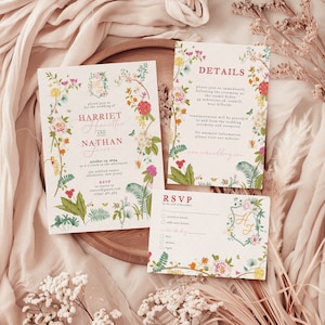 Floral Monogram Wedding Invitation Template, Wildflower Wedding Invite, Garden Flowers Wedding Template, Boho Party Digital Download