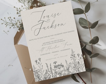 Minimale Wildblumen Hochzeitseinladung Vorlage, Botanische Hochzeit einladen, Illustrative Hochzeitseinladung, Zarte Blumeneinladung
