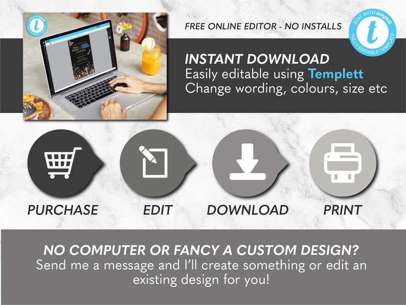 May include: A computer screen displaying a printable invitation template. The screen is on a table with a glass of orange juice. The text on the screen reads "Instant Download. Easily editable using Templett. Change wording, colours, size etc". Below the screen are four icons: a shopping cart, a pencil, a download arrow, and a printer. The text below the icons reads "Purchase, Edit, Download, Print". The text at the bottom of the image reads "No computer or fancy a custom design? Send me a message and I'll create something or edit an existing design for you!"