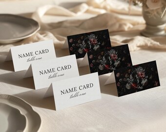 Moody Floral Wedding Place Card Template, Dark Romance Name Cards, Burgundy Rose Gothic Wedding Escort Card, Editable Folded Tent Card