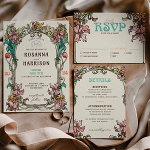 Vintage Wedding Invitation Set RSVP Details, Art Nouveau Wedding Invite Template Floral, Retro Invite Art Deco Theme, Digital Download