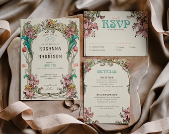 Vintage Wedding Invitation Set RSVP Details, Art Nouveau Wedding Invite Template Floral, Retro Invite Art Deco Theme, Digital Download