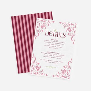 May include: A white invitation card with pink floral corner designs and the word "DETAILS" in a decorative font. The card includes text about a reception and accommodation details. A separate card with vertical pink stripes is visible.