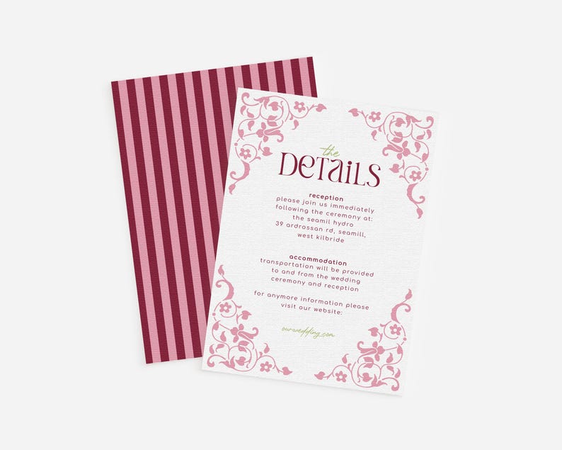 May include: A white invitation card with pink floral corner designs and the word "DETAILS" in a decorative font. The card includes text about a reception and accommodation details. A separate card with vertical pink stripes is visible.