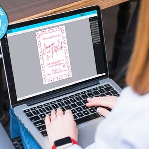 May include: A laptop displaying a wedding invitation template with the names "Joanna & Patrick" in a decorative red font. The invitation includes the date, time, and location. The laptop screen also shows editing tools. The words "Edit with Templett" are visible.