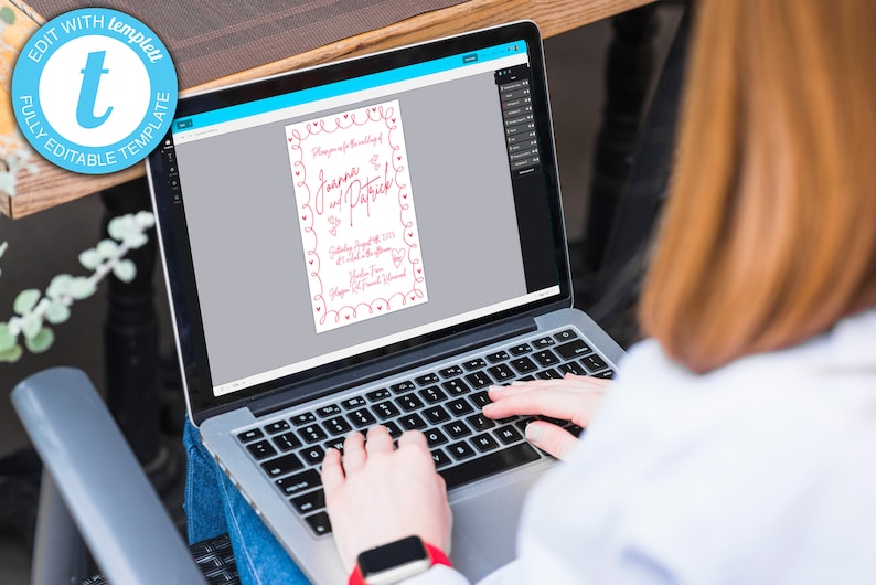 May include: A laptop displaying a wedding invitation template with the names "Joanna & Patrick" in a decorative red font. The invitation includes the date, time, and location. The laptop screen also shows editing tools. The words "Edit with Templett" are visible.