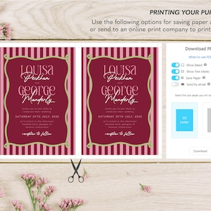 May include: Two wedding invitation templates with a burgundy and pink striped background. The invitations feature the names "Louisa Peckhan" and "George Manderly" in elegant script. The date "Saturday 29th July, 2023" is also displayed.