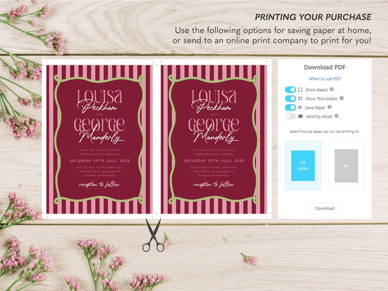 May include: Two wedding invitation templates with a burgundy and pink striped background. The invitations feature the names "Louisa Peckhan" and "George Manderly" in elegant script. The date "Saturday 29th July, 2023" is also displayed.