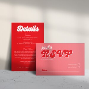May include: Red and pink wedding invitation cards with a retro font. The text on the red card reads "Details" and "Reception". The text on the pink card reads "kindly RSVP".
