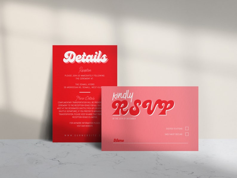 May include: Red and pink wedding invitation cards with a retro font. The text on the red card reads "Details" and "Reception". The text on the pink card reads "kindly RSVP".