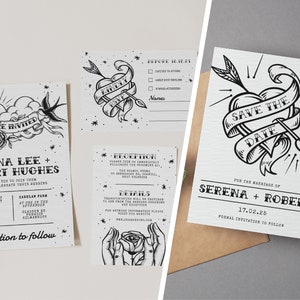 TRAD TATTOO Wedding Invitation Set and Save the Date, Alternative Wedding Invite Template, Editable Alt Wedding Tattoo, Digital Download