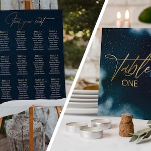 Conjunto de cartões de mesa e plano de assentos para casamento celestial, números de mesa de casamento dos sonhos, cartões de mesa de casamento para impressão, digital