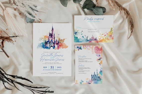 Fairy Tale Wedding Invitation Set Elegant Watercolour Invite Wedding Editable Template Magic Castle Colourful Invitation Digital Download