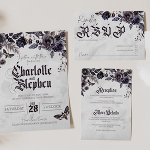 Puede incluir: Un conjunto de invitaciones de boda góticas con diseños florales negros y morados. La invitación incluye los nombres "Charlolle y Stephen" y la fecha "Sábado 28 de septiembre". La tarjeta RSVP tiene un diseño floral y el texto "Por favor, responde". La tarjeta de recepción tiene un diseño floral y el texto "Recepción".