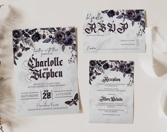 Plantilla de invitación de boda gótica elegante, conjunto de invitaciones de boda de Halloween, plantilla editable, invitación de boda romántica de vampiro, polilla de la muerte espeluznante
