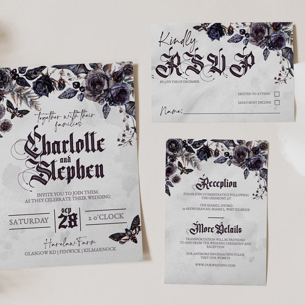 ELEGANT GOTH Wedding Invitation Template Halloween Wedding Invite Set Editable Template Romantic Vampire Wedding Invite Spooky Death Moth