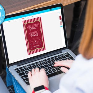 May include: A laptop displaying a wedding invitation template. The invitation features a burgundy background with a decorative gold frame and the names "Stephanie" and "George" in elegant script. The words "Edit with Templett" are in a blue circle.