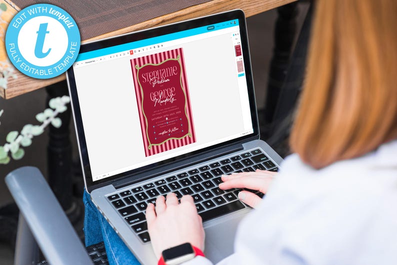 May include: A laptop displaying a wedding invitation template. The invitation features a burgundy background with a decorative gold frame and the names "Stephanie" and "George" in elegant script. The words "Edit with Templett" are in a blue circle.