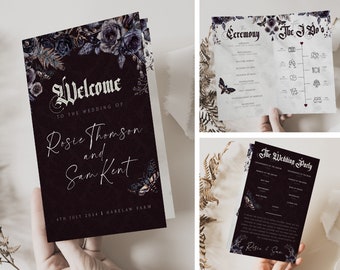 Gothic Wedding Program Template, Halloween Wedding Program Folded, Unique Wedding Program Order of Service, Digital Download