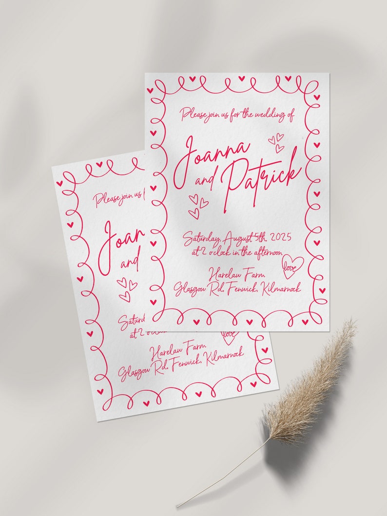 May include: Two white wedding invitations with red text and heart-shaped accents. The invitations read "Joanna and Patrick" and include the date, time, and location of the wedding. A decorative border of hearts surrounds the text.