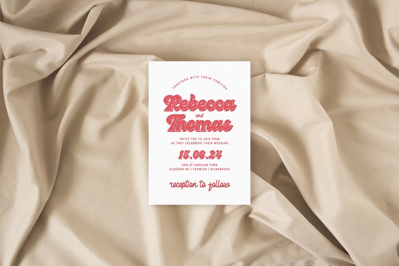 May include: A white wedding invitation with red text. The invitation reads "Rebecca and Thomas" in a retro font. The date of the wedding is listed as "15.06.24" and the location is "SPM at Marelam Farm, Glasgow Rd | Fenwick | Kilmarnock". The invitation concludes with "reception to follow".