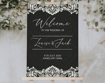 GOTHIC VINTAGE Wedding Welcome Sign Template Black Damask Wedding Welcome Template Halloween Wedding Easily Editable Digital Download