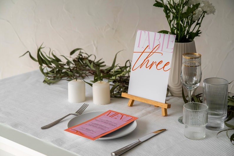 Retro Wedding Table Numbers Editable Template, Orange and Pink Wedding