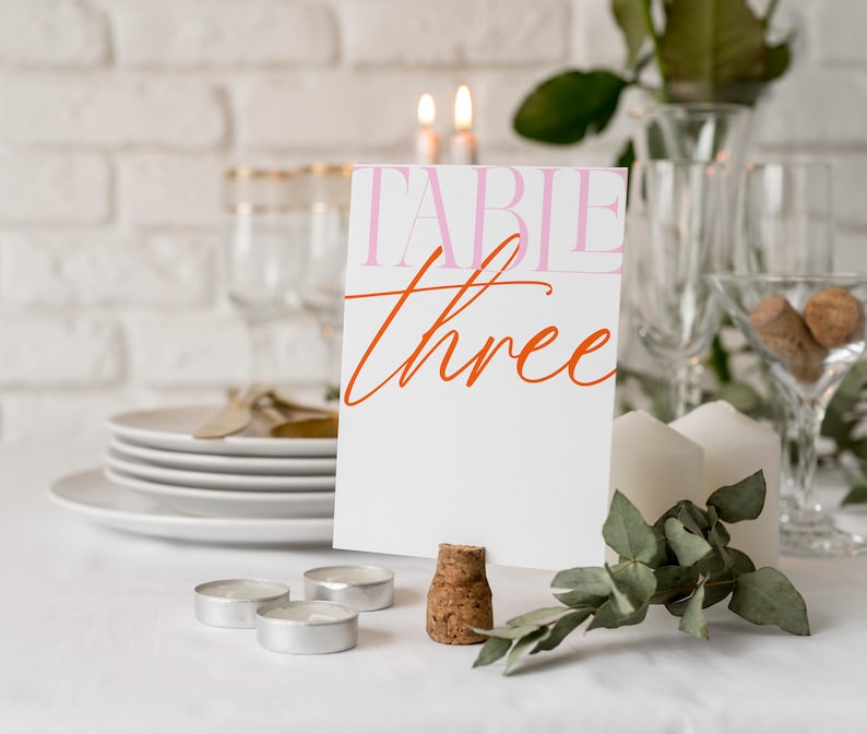Retro Wedding Table Numbers Editable Template, Orange and Pink Wedding