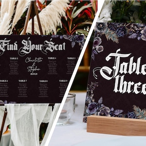 May include: Two wedding signs with dark backgrounds and floral accents. One sign reads "Find Your Seat" with guest names listed by table. The other sign says "Table Three". Both signs have a gothic font.