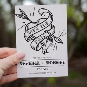 Plantilla de invitación de boda alternativa de Halloween para guardar la fecha de TATUAJE, boda alternativa editable, tatuaje tradicional único, descarga digital