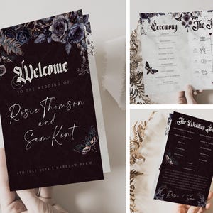 Op de afbeelding: Een set trouwbriefpapier met een donker bordeauxrode achtergrond en bloemaccenten. De uitnodiging luidt "Welcome to the Wedding of Rosie Thomson and Sam Kent". Andere kaarten bevatten ceremoniedetails en informatie over het bruiloftsfeest.