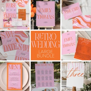 Peut inclure: Ensemble de papeterie de mariage sur le thème rétro. L'ensemble comprend des invitations, des cartons de réponse, des menus et des cartons de table. La palette de couleurs présente des tons roses et oranges avec un motif marbré et une typographie élégante. Le texte comprend "Emily and Thomas".