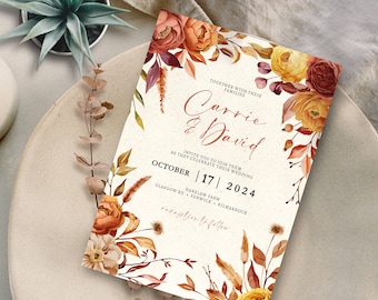 Hochzeit im Herbsteinladung Vorlage Boho Herbsthochzeit Einladen Download Bearbeitbare Einladung Botanische Blumenhochzeitsvorlage Laden Neutral ein